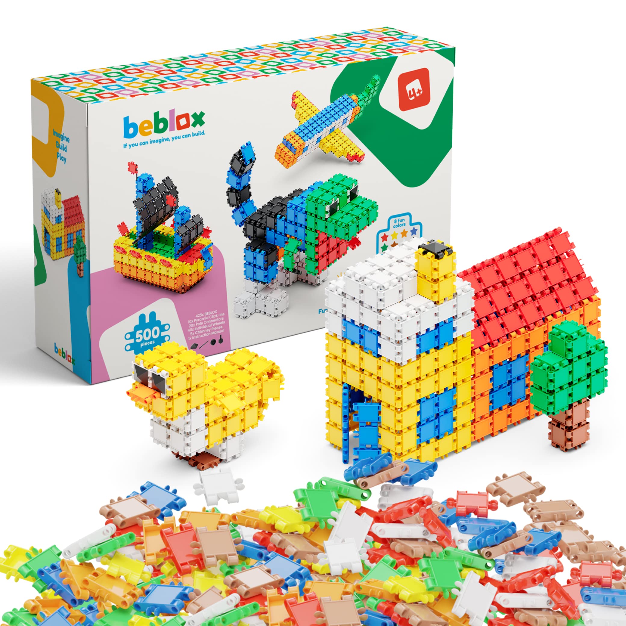 BEBLOX Building Blocks | Building Toys for Kids Ages 4-8 500-Piece Set - Learning & Educational Fun Stem Toys - Birthday Gifts for Boys & Girls Age 4 5 6 7 8 9 10 11 & 12 Year Old Toys