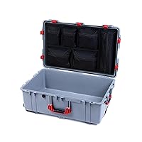 Pelican 1650 Case by ColorCase - Silver - Large Sized Waterproof Rolling Case with Mesh Lid Organizer - Red Handles & Latches
