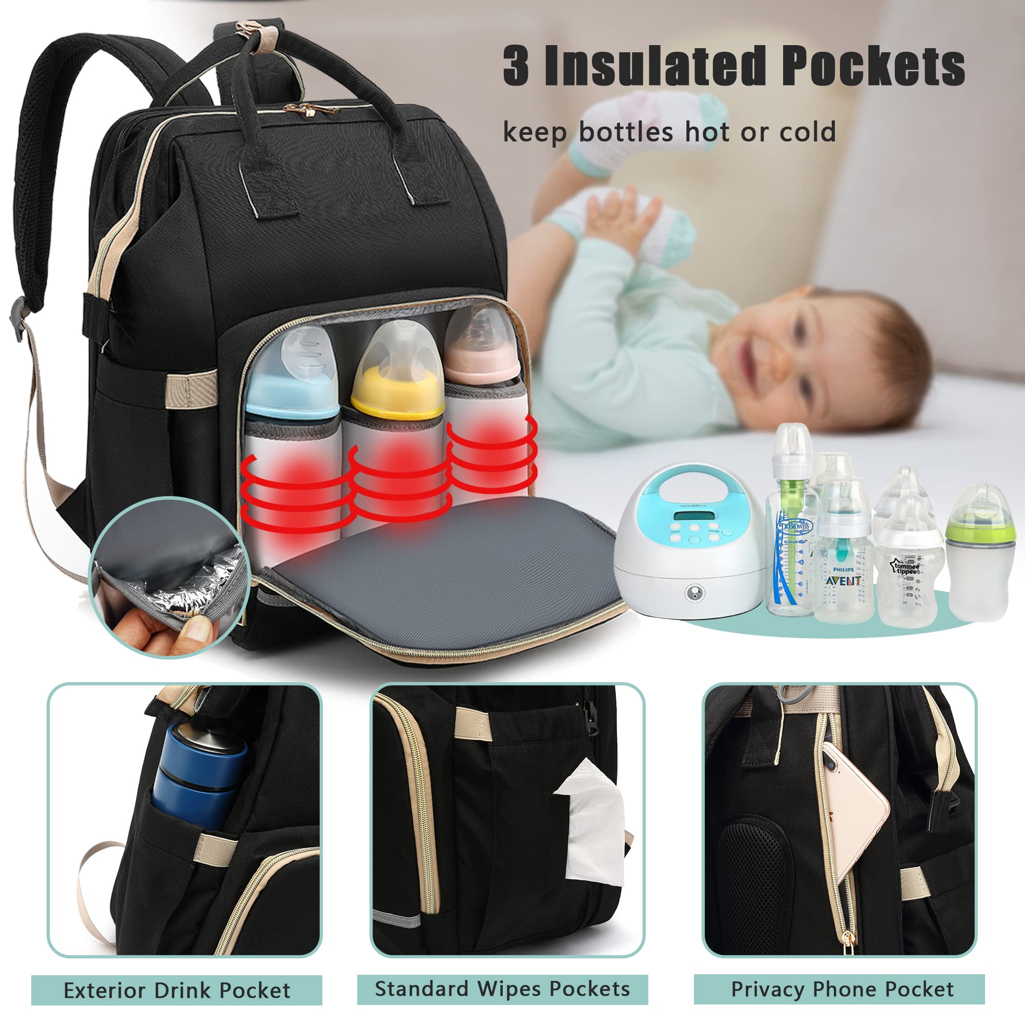 ROSEGIN Baby Diaper Bag Backpack with Changing Station for Boy Girl, Baby Registry Search Shower Gifts Baby Stuff for Newborn Essentials Must Haves, Dad Mom Travel Large Black Diaper Bags