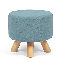 Homebeez Round Ottoman Foot Rest Stool, Small Fabric Footstool with Non-Skid Wood Legs, Blue