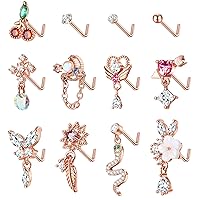 Sanfenly 12Pcs 20G Dangle Nose Studs for Women Stainless Steel L Shaped Nose Studs CZ Cherry Snake Heart Butterfly Flower Moon Dangling Nose Piercing Jewelry