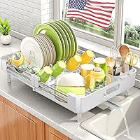 Dish Drying Rack - Expandable Dish Rack for Kitchen Counter, Large Dish Drainer, Stainless Steel Drying Dish Rack with Utensil Holder, White
