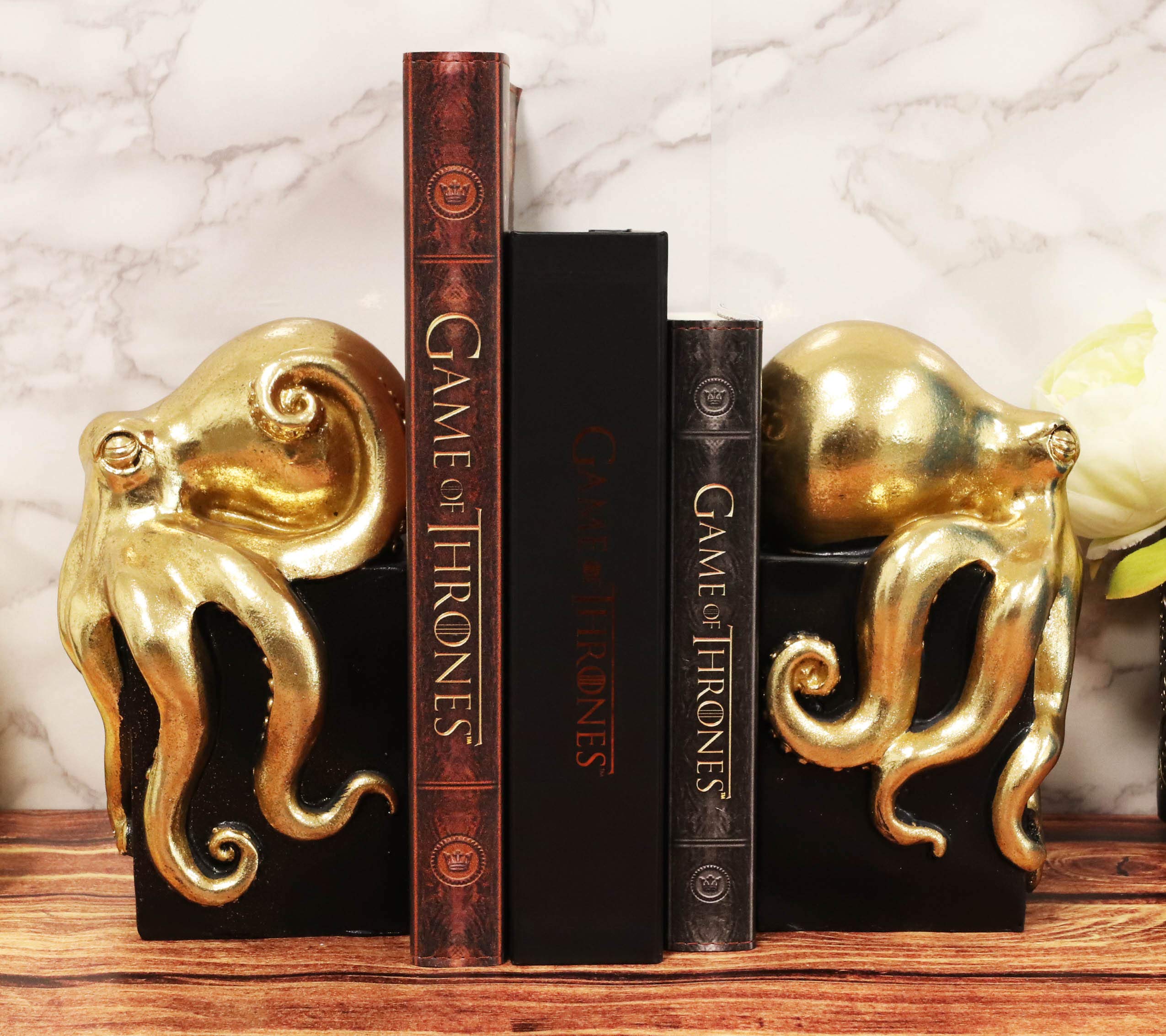 Ebros Contemporary Gold Color Octopus Light Duty Bookends Statue Set Nautical Coastal Resin Decorative Office Study-Room Library Desktop Decor Figu...