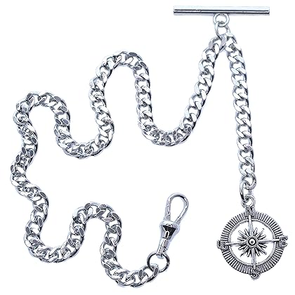 watchvshop Albert Chain Silver Tone Pocket Watch Chain Vest Chain for Men Compass Design Charm Fob T Bar with Swivel Clasp AC55A