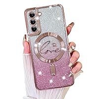 Designed for Samsung Galaxy S21 Case,Compatible with MagSafe Love Heart Plating Camera Protection Clear Phone Case, Magnetic Glitter for Women Girls Shockproof Back Bumper 6.2