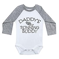 Running Raglan Onesie, Daddy's Running Buddy, Long Sleeve Baby Onesie (3-6m, Grey Sleeves)