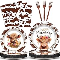 96 Pcs Highland Cow Party Supplies for 24 Guests Brown Cow Tableware Plates Napkins Highland Cattle Dinnerware Table Decorations for Western Farm Animals Kids Birthday Baby Shower Party Favors