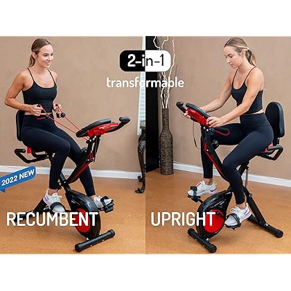 YYFITT 3-In-1 Folding Exercise Bike, Stationary Bikes for Home with Arm Workout Bands, Indoor Fitness Bike with 16 Levels Magnetic Resistance, Fully Support Back Pad and Phone/Tablet Holder, 2-in-1 Bike Frame