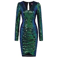 KANCY KOLE Women Sequin Party Dress V Neck Puff Long Sleeve Ruched Bodycon Glitter Dress for Women Sexy