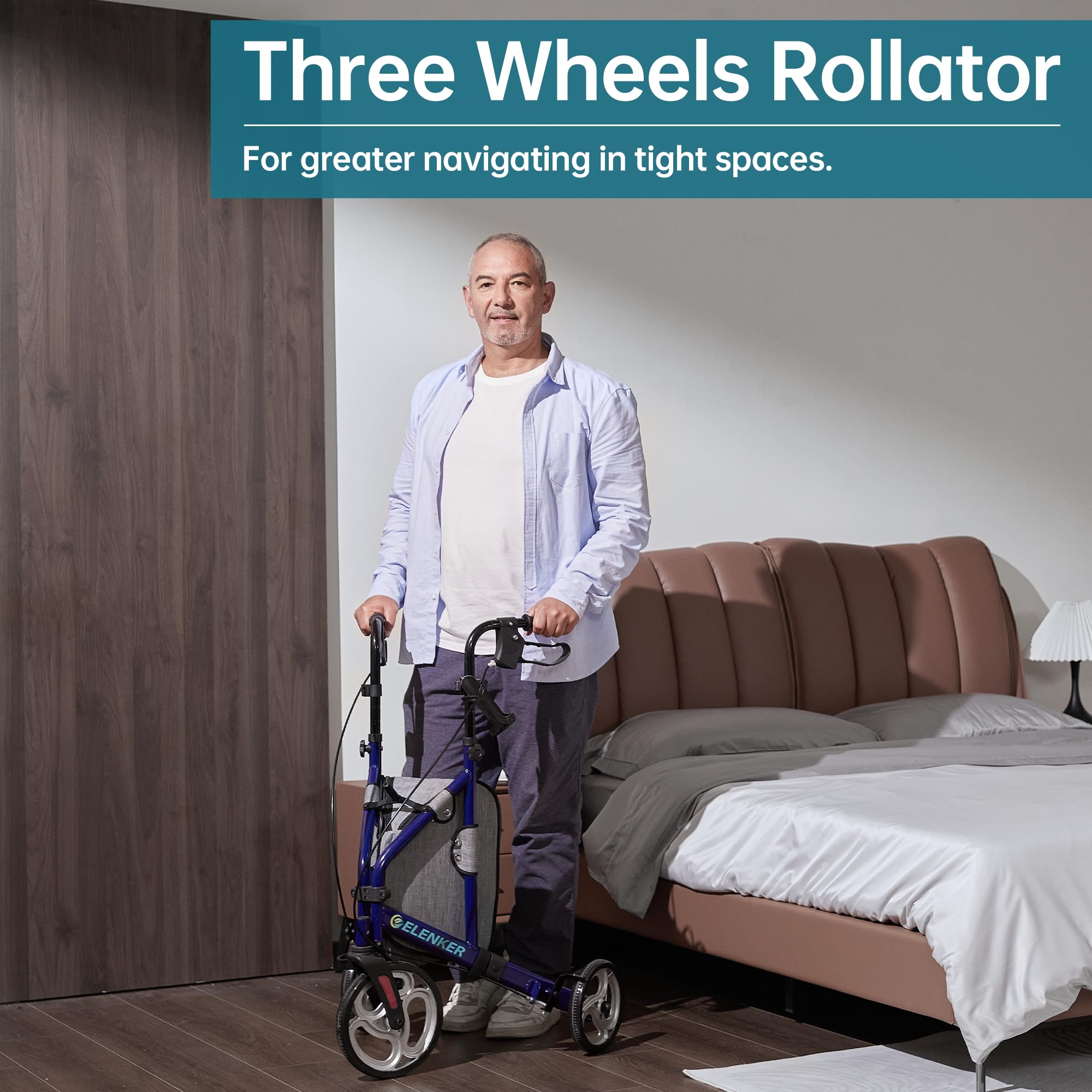 ELENKER 3 Wheel Rollator Walker for Seniors, Three Wheeled Mobility Aid with 10