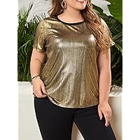 Plus Size Womens Tops Plus Round Neck Metallic Top (Color : Gold, Size : 4X-Large)