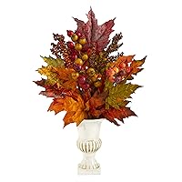 Nearly Natural 20in. Maple Leaf and Berries Artificial Arrangement in White Urn