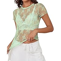 AKEWEI Womens Mesh Short Sleeve Tops Crew Neck Sexy See Through Tee Shirts Party Club Night Lace Blouse