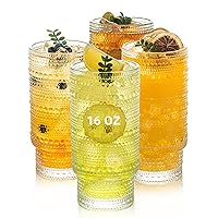 KEMORELA Elegant Highball Glassware Set - 16oz XL Glasses - Mixed Drinks, Iced Coffee, Beer, Juice, Water - Hobnail, Beaded Designs - Set of 4 | Stylish Collection for Any Occasion