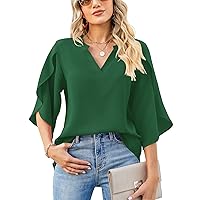 LUYAA Women's Casual Chiffon Blouse Tops 3/4 Ruffled Sleeve V Neck Loose Fit Blouses Shirts