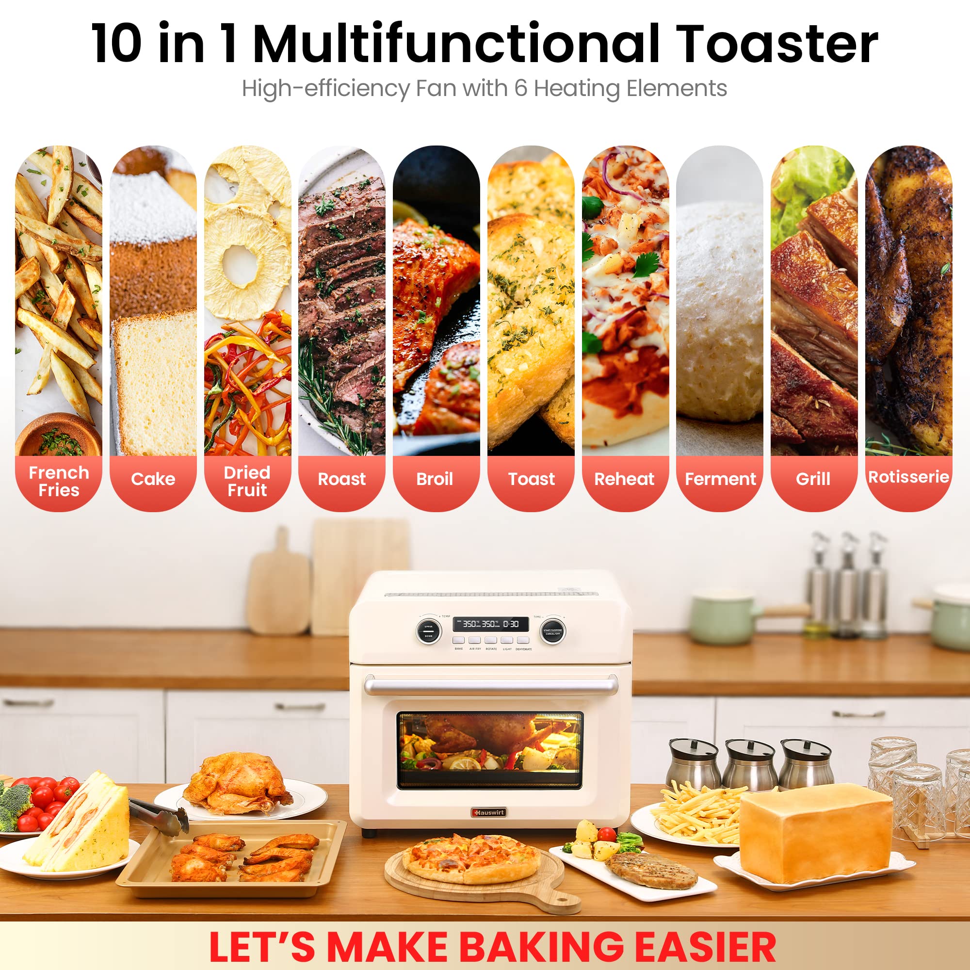Hauswirt 26.5 QT/25 L Extra Large Smart Air Fryer Toaster Oven, 10-in-1 Stainless Steel Convection Countertop Oven Combination with Dehydrator, E-recipes & Accessories Included (Elegant Retro White-LCD)
