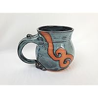 Hand Thrown Pottery Mug in Slate Blue with Rust Waves Handmade in North Carolina