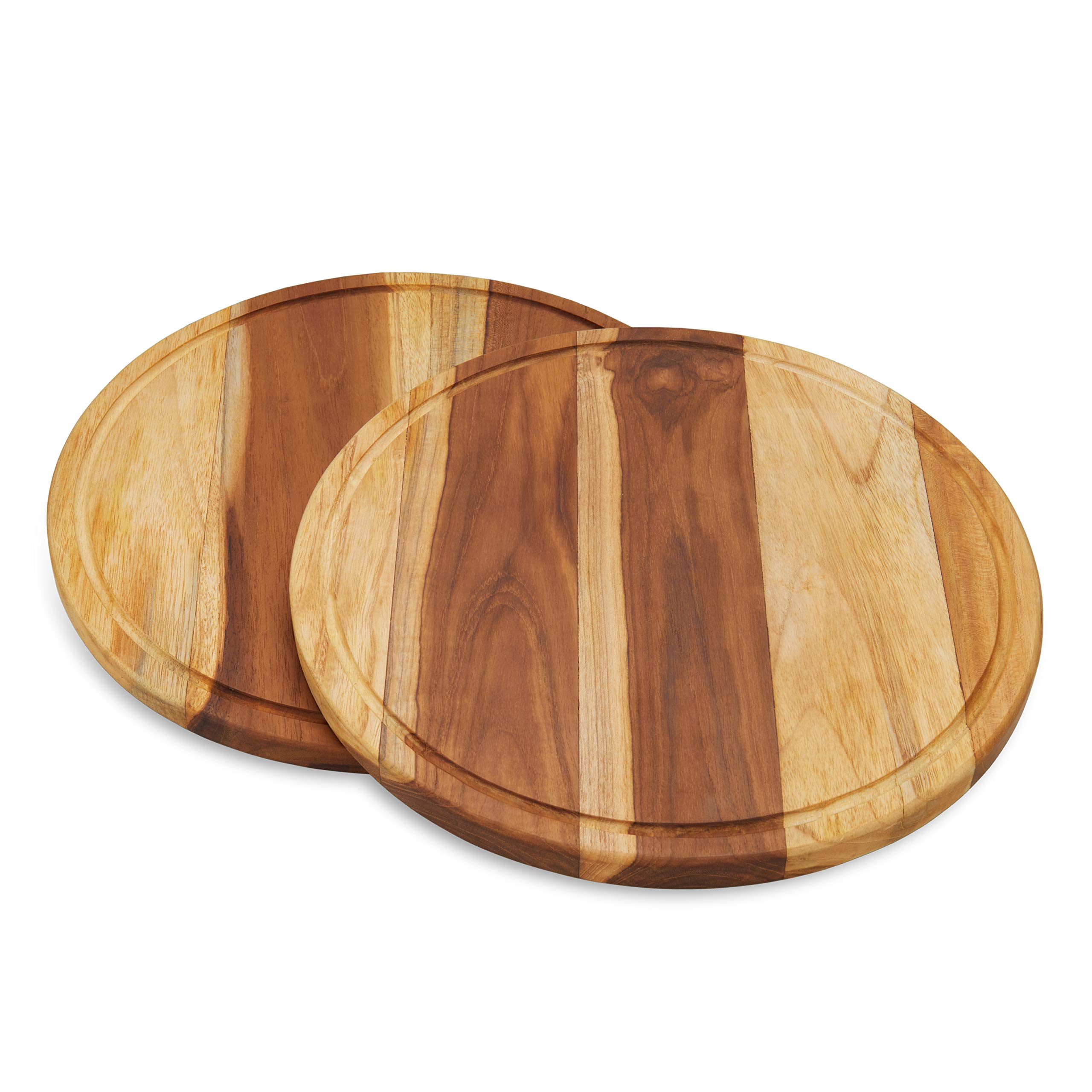TeakCraft Teak Round Cutting Board With Juice Groove, Serving Tray, Set of 2 (13.5 x 13.5 x 0.75), FSC Certified Carving Board, The Bestla