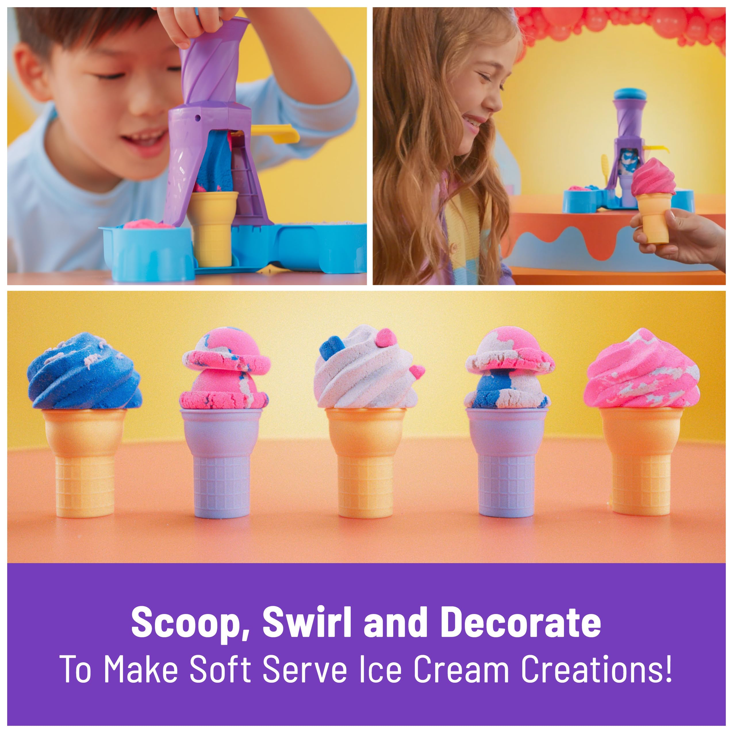 Kinetic Sand, Soft Serve Station with 14oz of Play Sand (Blue, Pink and White), 2 Ice Cream Cones and 2 Tools, Sensory Toys for Kids Aged 5 and up