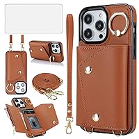 Phone Case for iPhone 15 Pro 6.1 inch Wallet Cover with Screen Protector and Ring Stand Credit Card Holder Slot Crossbody Strap Cell iPhone15Pro 5G i i-Phone i15 iPhone15 15Pro Women Girls Men Brown