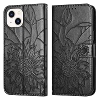 Wallet Case for iPhone 15 Case with Card Slot Holder, Kickstand Magnetic Closure Wrist Strap PU Leather [TPU Shockproof Interior Case] Compatible for iPhone 15 6.1 inch Black Sunflower