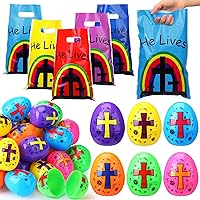 120 Sets/ 240 Pcs Easter He Lives Goody Bags Easter Eggs Set, 120 Religious Treat Bags 120 Cross Eggs Resurrection Cross Bible Gift Candy Bags Easter Eggs for Sunday School Easter Party