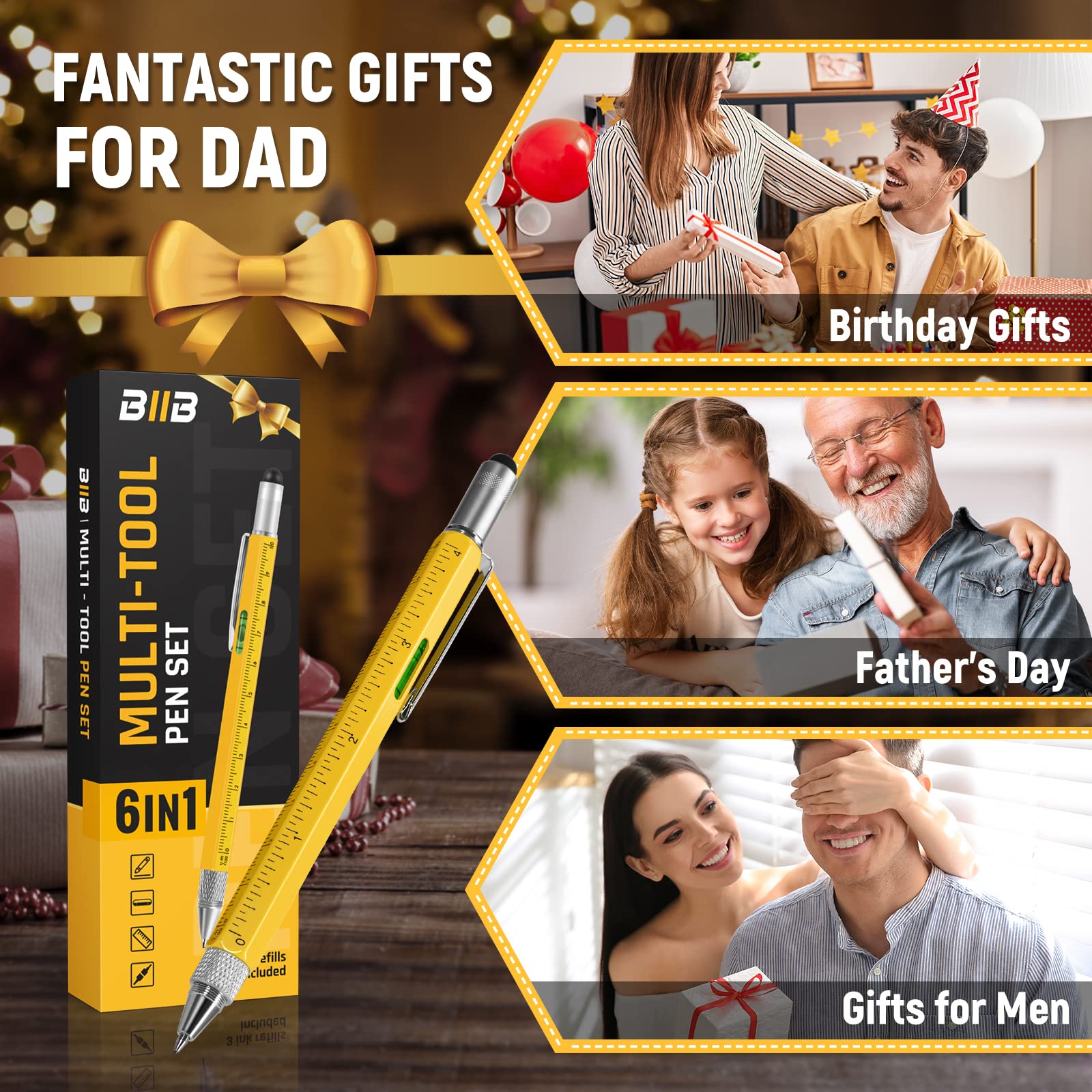 BIIB Gifts for Men, Multitool Pen Dad Gifts for Men, Birthday Gifts for Men, Mens Gifts for Boyfriend, Husband, Grandpa, Him, Cool Stuff Tools Gadgets for Men, Gifts for Dad Who Wants Nothing