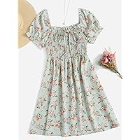 Women's Dress Dresses for Women Plus Floral Print Frilled Knot Front Shirred Puff Sleeve Chiffon Dress