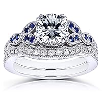 Kobelli Cushion Forever One Colorless Moissanite D-F with Sapphire and Diamond Accents Bridal Set 1 1/2 Carat TGW in 14k White Gold