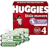 Huggies Little Movers Diapers & Wipes Bundle: Huggies Little Movers Size 4 Baby Diaper, 140ct & Huggies Natural Care Sensitive Wipes, Unscented, 12 Packs (768 Wipes Total) (Packaging May Vary)