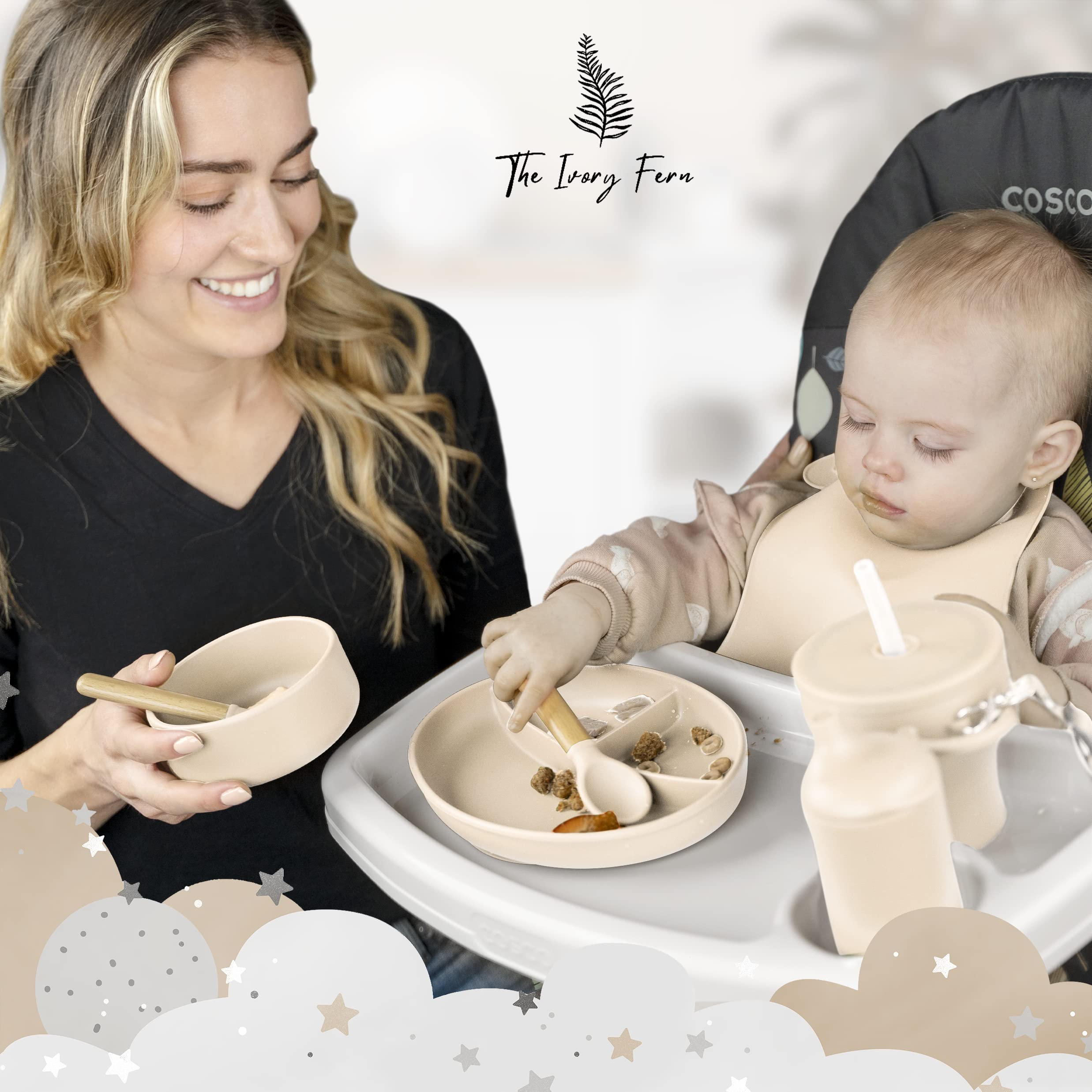 The Ivory Fern Silicone Baby Feeding Set,Baby Plates and Bowls Set, Bib, Convertible Drinking, Snack Cups, Feeding supplies