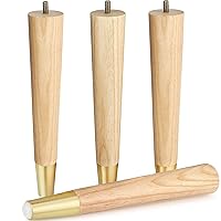 Ash Wood Furniture Legs With Gold Caps - Mid Century Legs For Sofa, Chair, Table, Dresser, Bed, Cabinet, Ottoman - Wooden Legs Are Easy To Install & Include Installation Hardware - Set of 4, 12 Inches