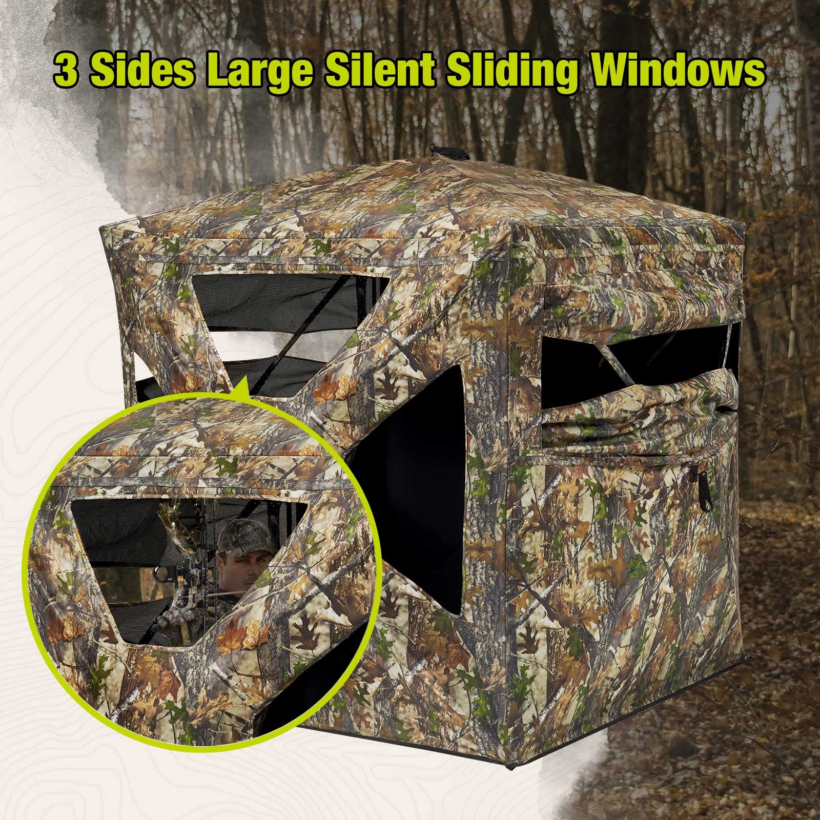 TIDEWE Hunting Blind 270°See Through with Silent Magnetic Door & Sliding Windows, 2-3 Person Pop Up Ground Blind with Carrying Bag, Portable Durable Hunting Tent for Deer & Turkey Hunting