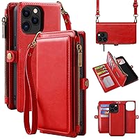 MInCYB for iPhone 14 Wallet Case with Card Holder (12 Card Slots) - PU Leather Case for Women & Men, Wireless Charging, Detachable Magnetic, Crossbody Strap, Shockproof Protective Phone Cover. Red