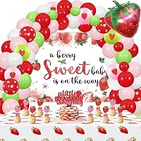 Strawberry Baby Shower Decorations for Girls, A Berry Sweet Baby is on the Way Backdrop Strawberry Balloon Garland Kit with Tablecloth Foil Balloon Cake Cupcake Topper for Fruit Baby Shower