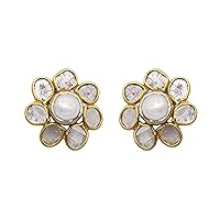 1.60 CTW Natural Diamond Polki Pearl Flower Studs 925 Sterling Silver 14K Gold Plated Classic Slice Diamond Earrings