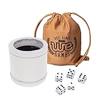 WE Games Professional, Handmade White Leather Dice Cup Set - 5 Dice & Cloth Carry Bag