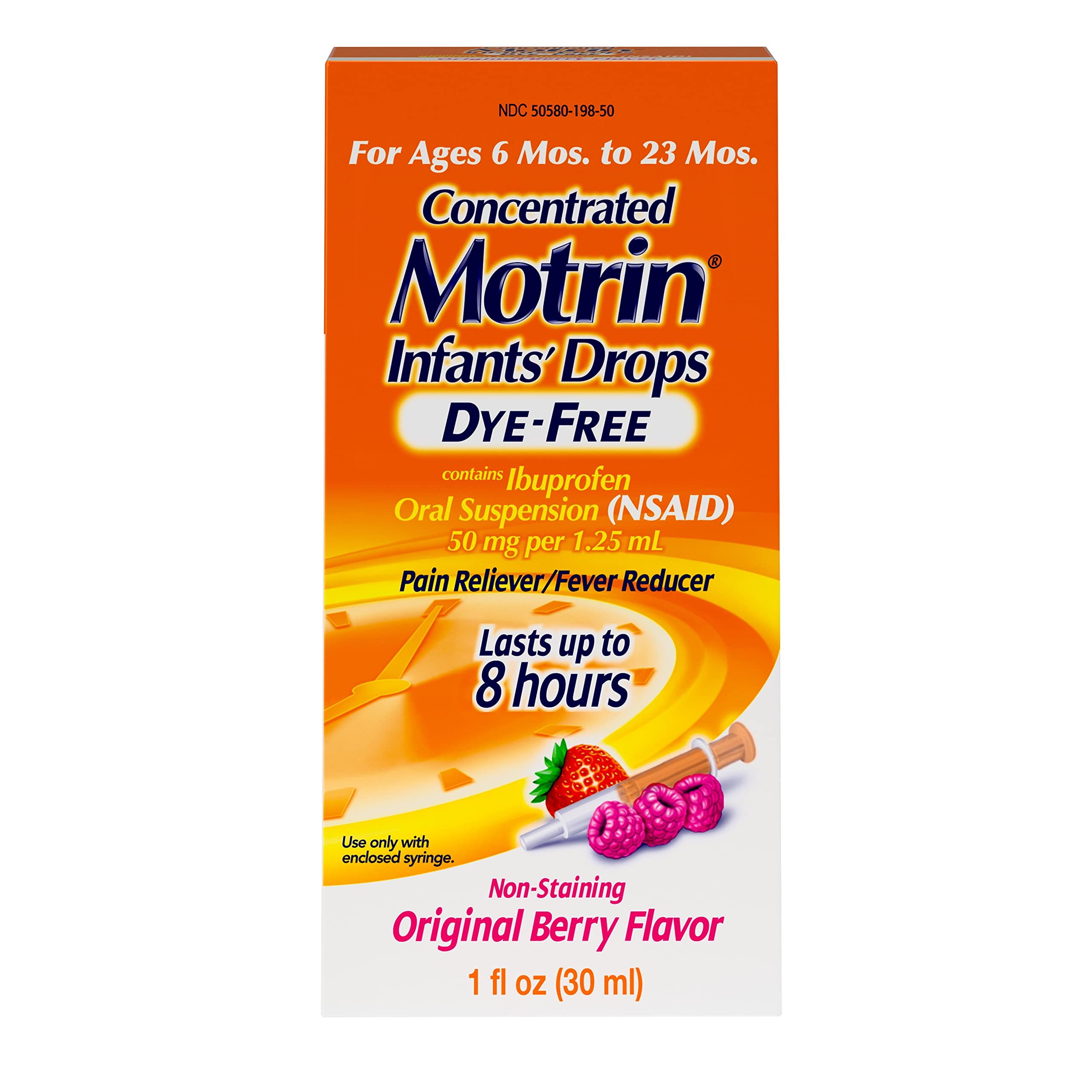 Motrin Infants' Oral Suspension Concentrated Liquid Medicine Drops with Ibuprofen, NSAID Fever Reducer & Pain Reliever for Babies, Dye Free, Alcohol-Free, Original Berry Flavor, 1 fl. oz