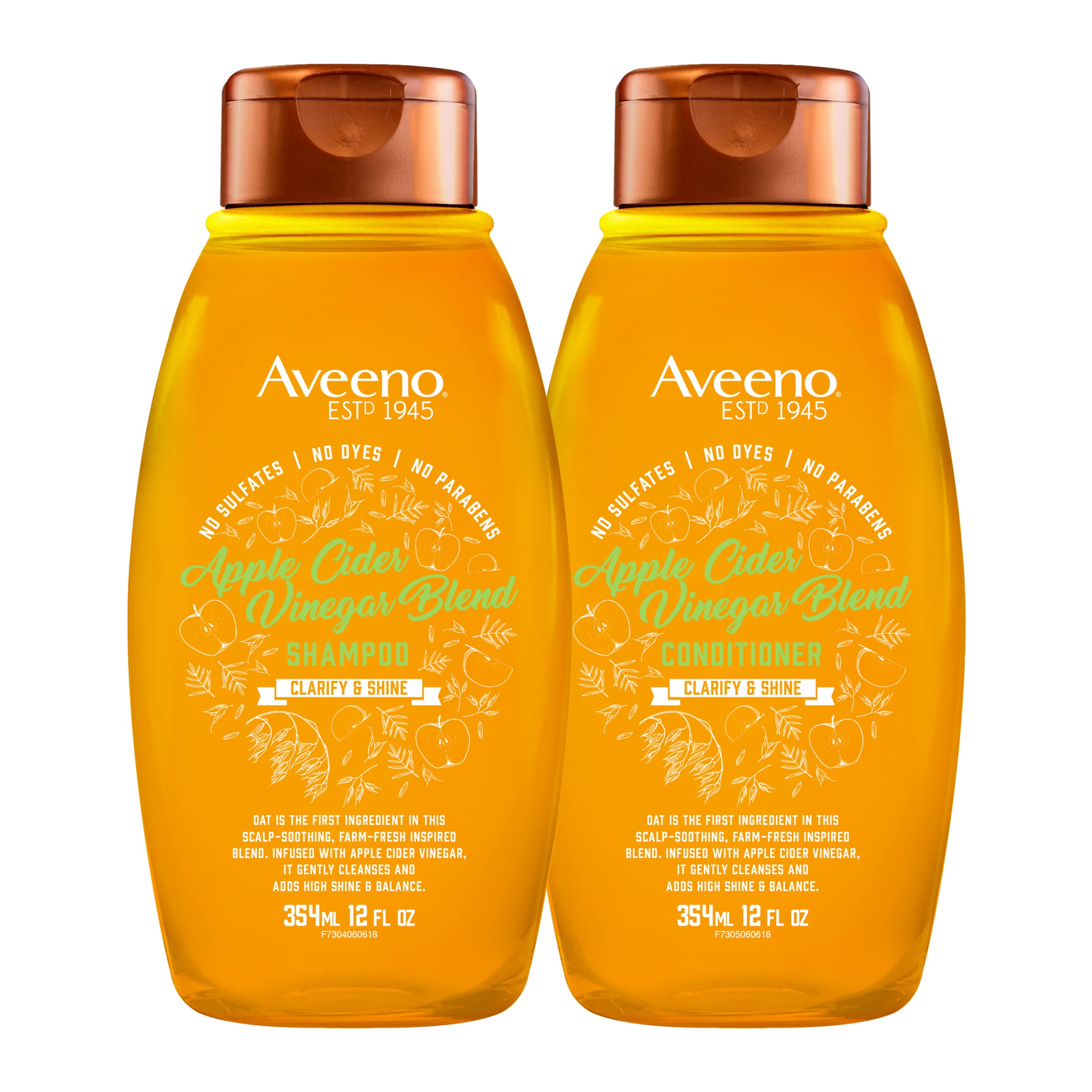 Aveeno Apple Cider Vinegar Shampoo + Conditioner for Balance & High Shine, Daily Clarifying & Soothing Scalp Shampoo for Oily or Dull Hair, Paraben & Dye-Free, 12 Fl Oz