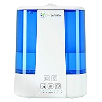 PureGuardian H5225WCA Ultrasonic Warm & Cool Mist Humidifier, 100 Hrs. Run Time, 2 Gal. Tank, 560 Sq. Ft. Coverage, Quiet, Filter Free, Silver Clean Treated Tank, Essential Oil Tray, White/Blue