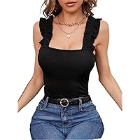 Womens Summer Tops Sexy Casual T Shirts for Women Ribbed Knit Ruffle Trim Cami Top