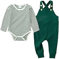 YUEMION Newborn Baby Boy Clothes,2Pcs Infant Boy Romper Bodysuit Spring/Summer Stripe Outfits +Bib Overall Pants(0-24 Month)