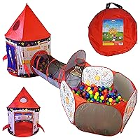 Playz 3pc Rocket Ship Astronaut Kids Play Tent, Tunnel, & Ball Pit with Basketball Hoop Toys for Boys, Girls, Babies, and Toddlers - STEM Inspired Educational Galactic Spaceship Design w/Planets