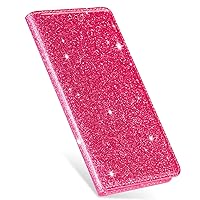 Wallet Case Compatible with Xiaomi Redmi 9A, Glitter Slim Magnetic Flip Cover Leather with Card Holder Slot for Redmi 9A (Rose Red)