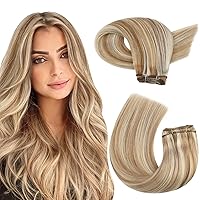 Moresoo Sew in Hair Extensions Real Human Hair Blonde Highlight Hair Wefts Human Hair Sew in Extensions Medium Brown Highlighted with Blonde Double Weft Human Hair Weft Extensions 16 Inch 100g