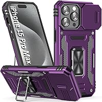 Case for iPhone 15 Pro Max iPhone Case iPhone 15 Pro Max Phone Case with Camera Lens Cover, with Ring Holder Kickstand, fit Magnetic Car Mount, for iPhone 15 Pro Max (Purple)