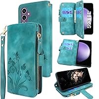 Lacass [Cards Theft Scan Protection 10 Card Slots Holder Zipper Pocket Wallet Case Flip Leather Cover with Wrist Strap Stand for Samsung Galaxy S23 FE S23FE 5G 2023 Case (Floral Blue Green)