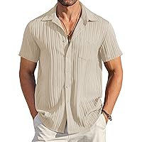 COOFANDY Men's Casual Button Down Shirts Short Sleeve Textured Linen Summer Beach Shirt with Pocket