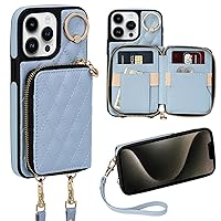 Keallce Case for iPhone 13 Pro Max 6.7'' Wallet Case, Crossbody Zipper Purse Handbag Wristlet for Women, RFID Blocking Card Holders, 360° Ring Kickstand Flip Leather Cover for iPhone 13 Pro Max, Blue