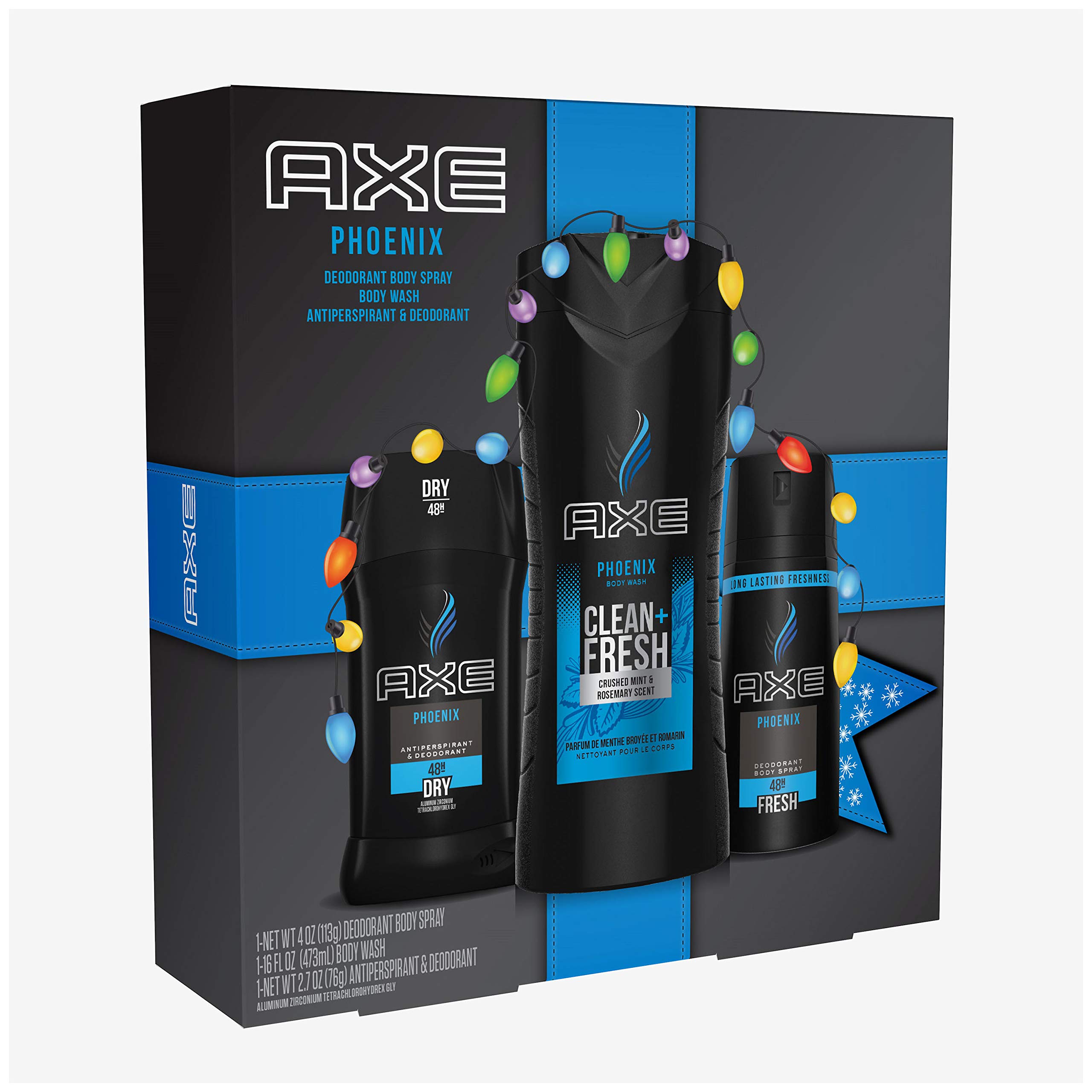 AXE Phoenix Holiday Gift Set With Body Spray, Antiperspirant & Deodorant Stick and Body Wash for Grooming 3 count